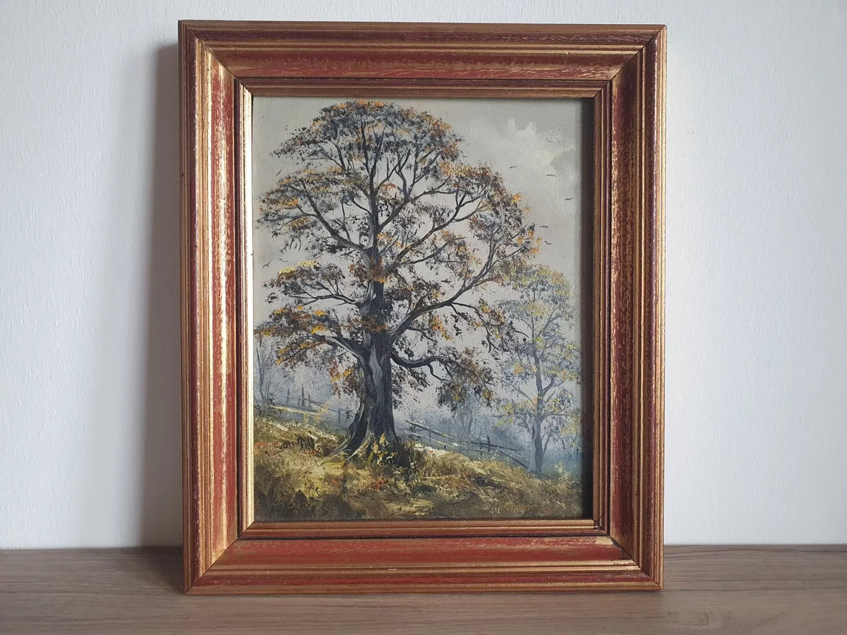 Ölgemälde einer herbstlichen Baumlandschaft, signiert A. Koch, im gold- und rotfarbenen Rahmen