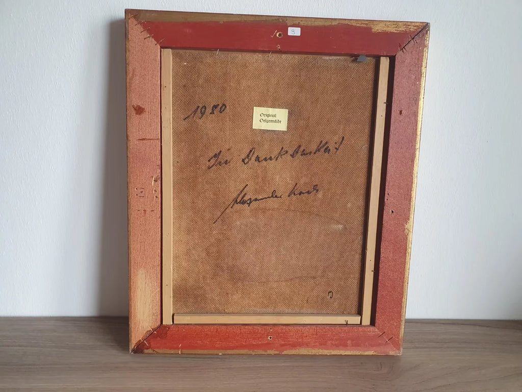 Rückseite des Gemäldes mit Leinwand, Jahreszahl 1950 und handschriftlichem Vermerk