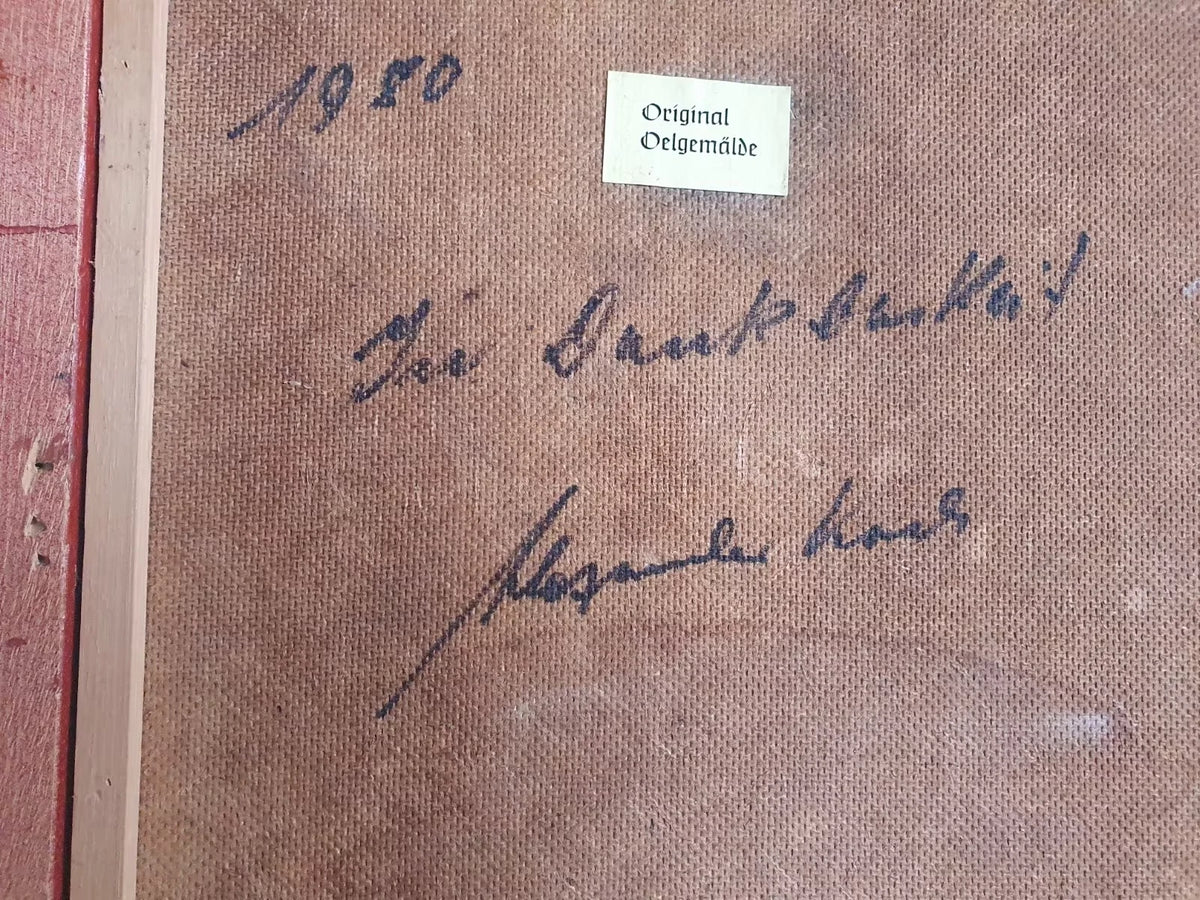 Detail der rückseitigen Jahreszahl 1950, des Vermerks In Dankbarkeit und des Etiketts Original Oelgemälde