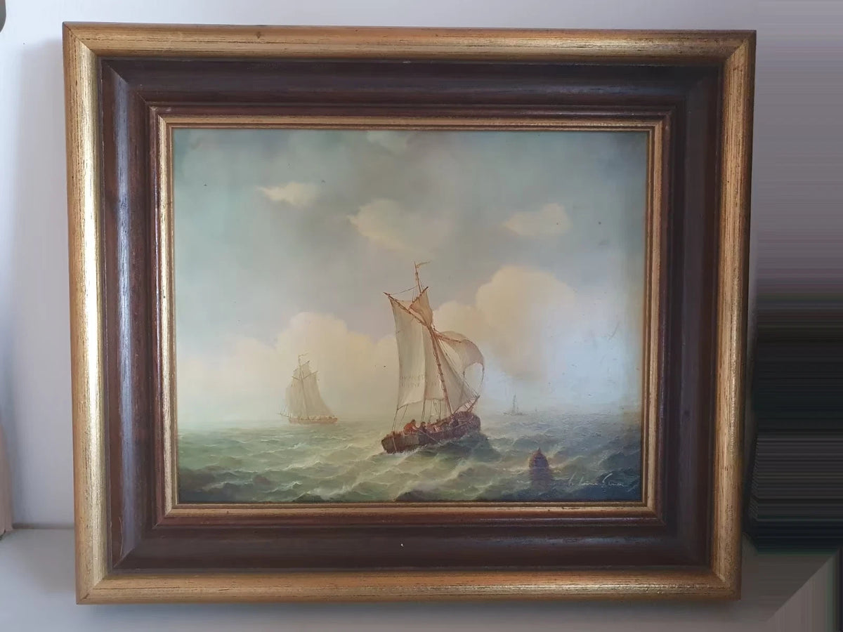 Maritimes Ölgemälde mit historischen Segelschiffen auf bewegter See, signiert Antoine Euran, im Rahmen