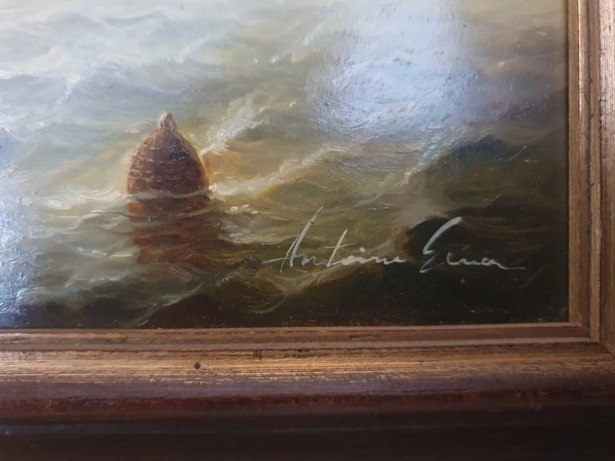 Detail der Signatur Antoine Euran unten rechts und der gemalten Meereswellen