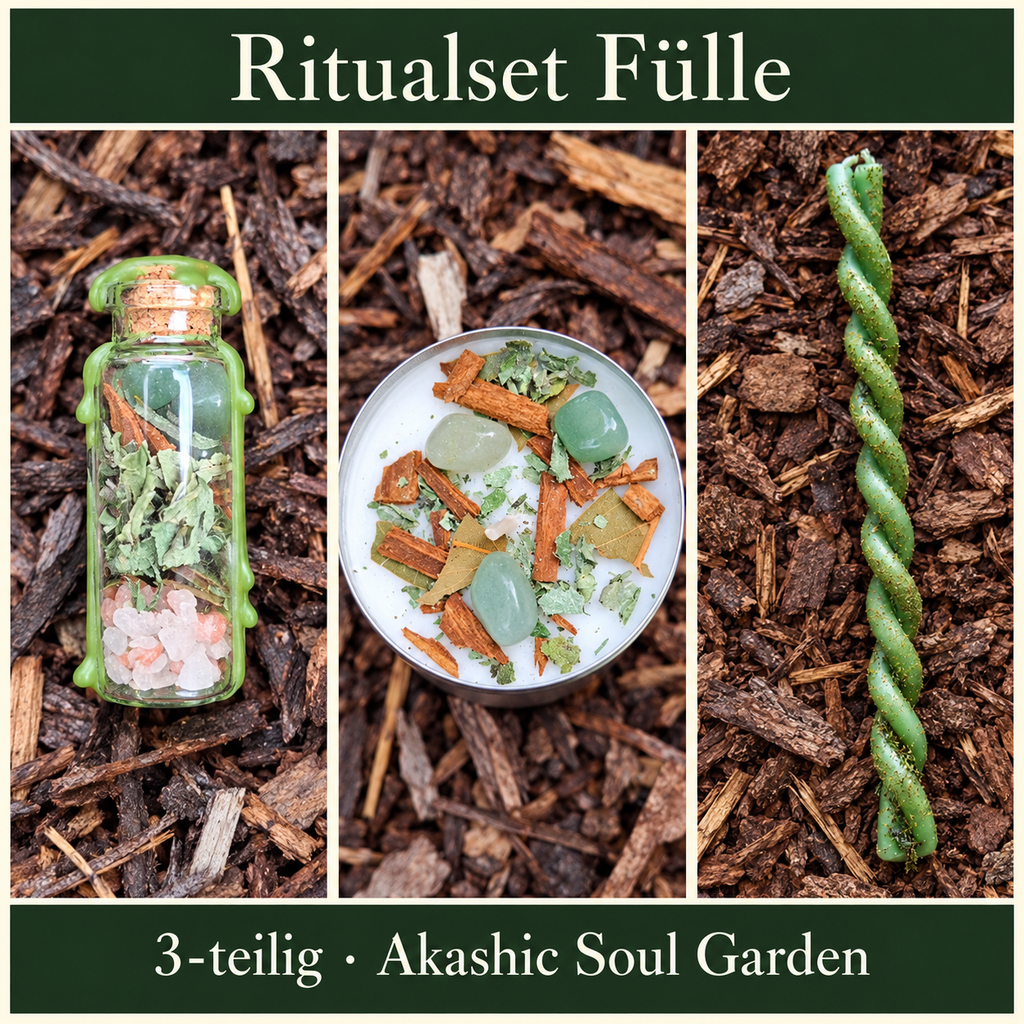 Ritualset Fülle: Fotocollage mit Zauberglas Fülle, XXL-Teelicht Fülle mit grünem Aventurin, Ritualkerze Fülle; 3-teilig