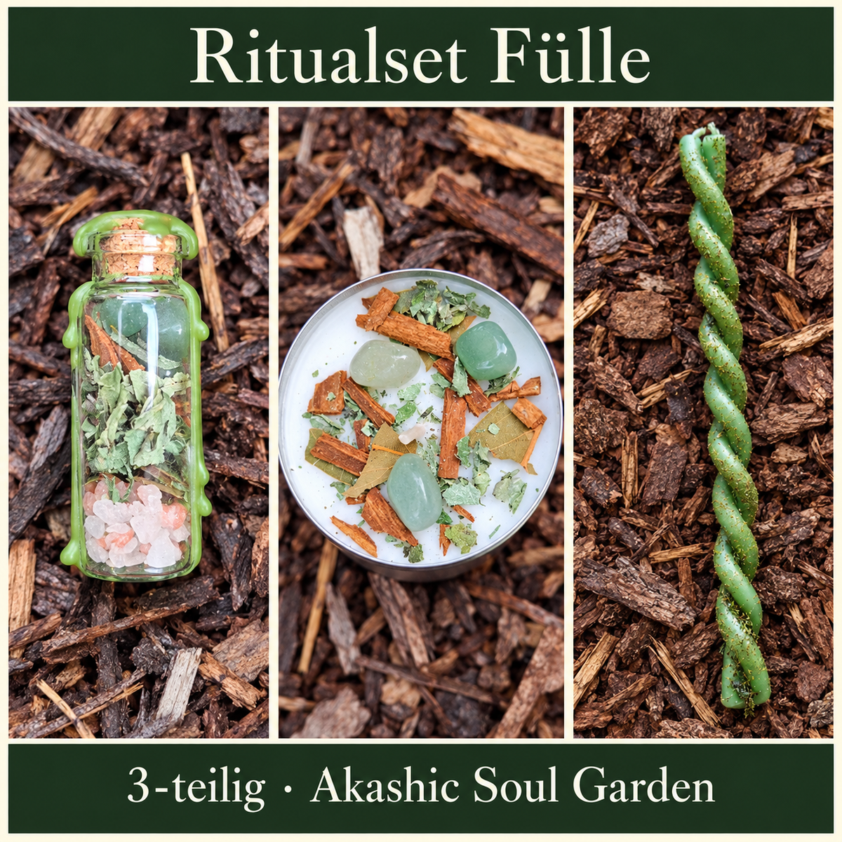 Ritualset Fülle: Fotocollage mit Zauberglas Fülle, XXL-Teelicht Fülle mit grünem Aventurin, Ritualkerze Fülle; 3-teilig