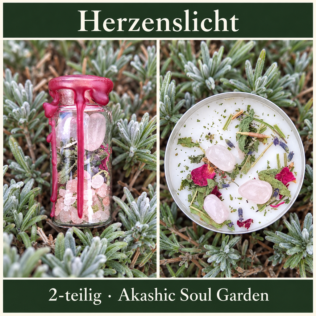 Herzenslicht: Fotocollage mit Zauberglas Selbstliebe, XXL-Teelicht Selbstliebe mit Rosenquarz; 2-teilig