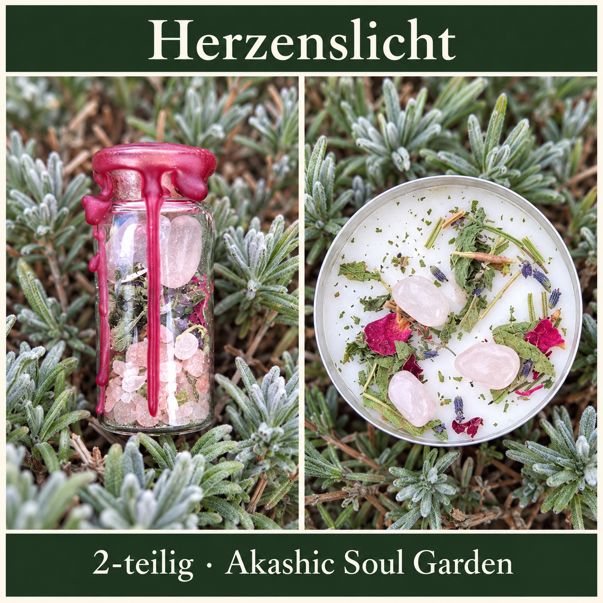 Herzenslicht: Fotocollage mit Zauberglas Selbstliebe, XXL-Teelicht Selbstliebe mit Rosenquarz; 2-teilig
