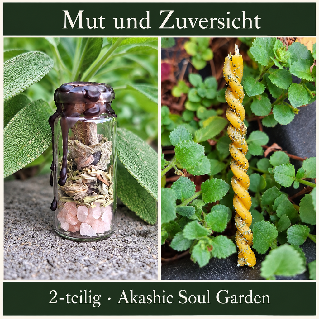 Mut und Zuversicht: Fotocollage mit Zauberglas Schutz, Ritualkerze Glück; 2-teilig