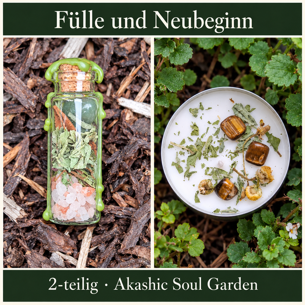 Fülle und Neubeginn: Fotocollage mit Zauberglas Fülle, XXL-Teelicht Glück mit Tigerauge; 2-teilig