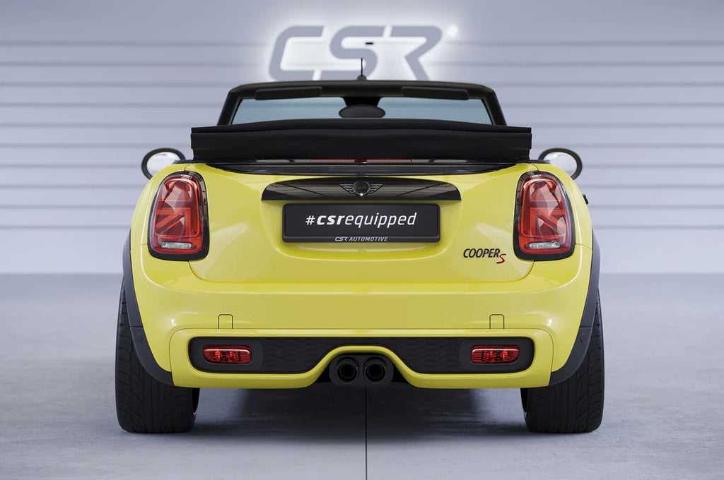Montagebeispiel CSR HF976-G am Mini F57: Heckansicht. Fahrzeug und weitere Anbauteile nicht enthalten.