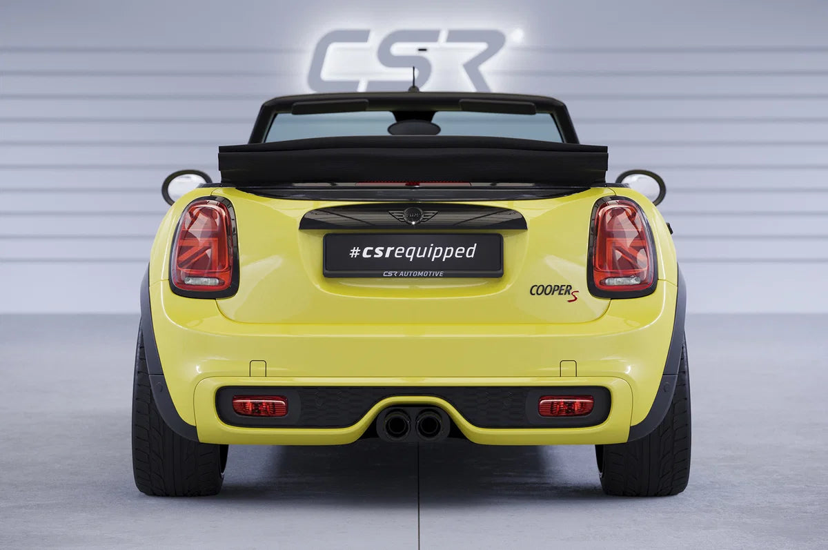 Montagebeispiel CSR HF976-G am Mini F57: Heckansicht. Fahrzeug und weitere Anbauteile nicht enthalten.