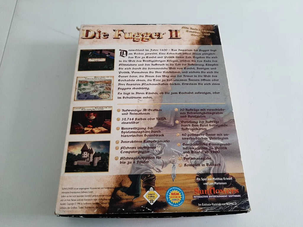 Die Fugger II von Sunflowers – Box-Rückseite mit Spielbeschreibung