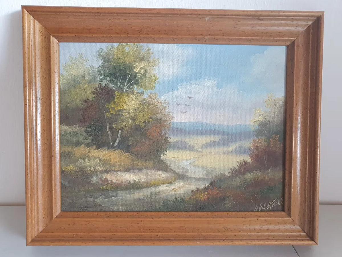 Ölgemälde von M. Kalich-Froböse mit herbstlicher Hügellandschaft im Holzrahmen