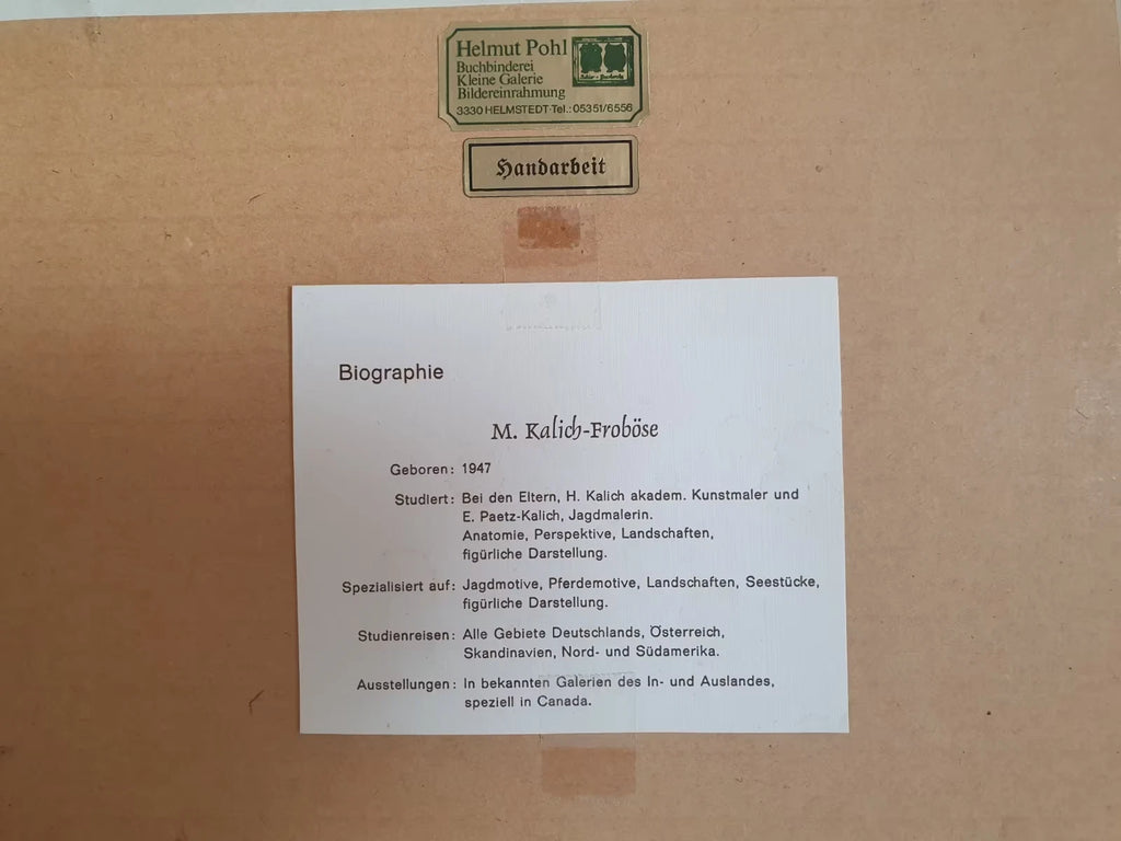 Rückseite mit Biografie von M. Kalich-Froböse und Rahmungsetiketten