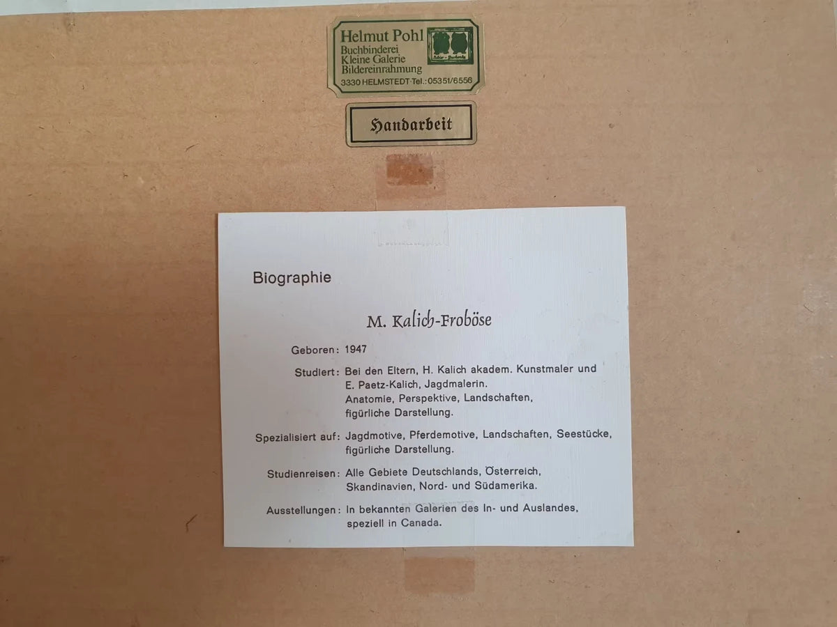 Rückseite mit Biografie von M. Kalich-Froböse und Rahmungsetiketten
