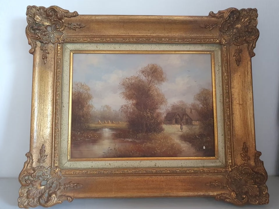 Gerahmte romantische Landschaft mit Fluss, Bauernhaus und einer Person auf dem Weg, signiert J. v. d. Leupen