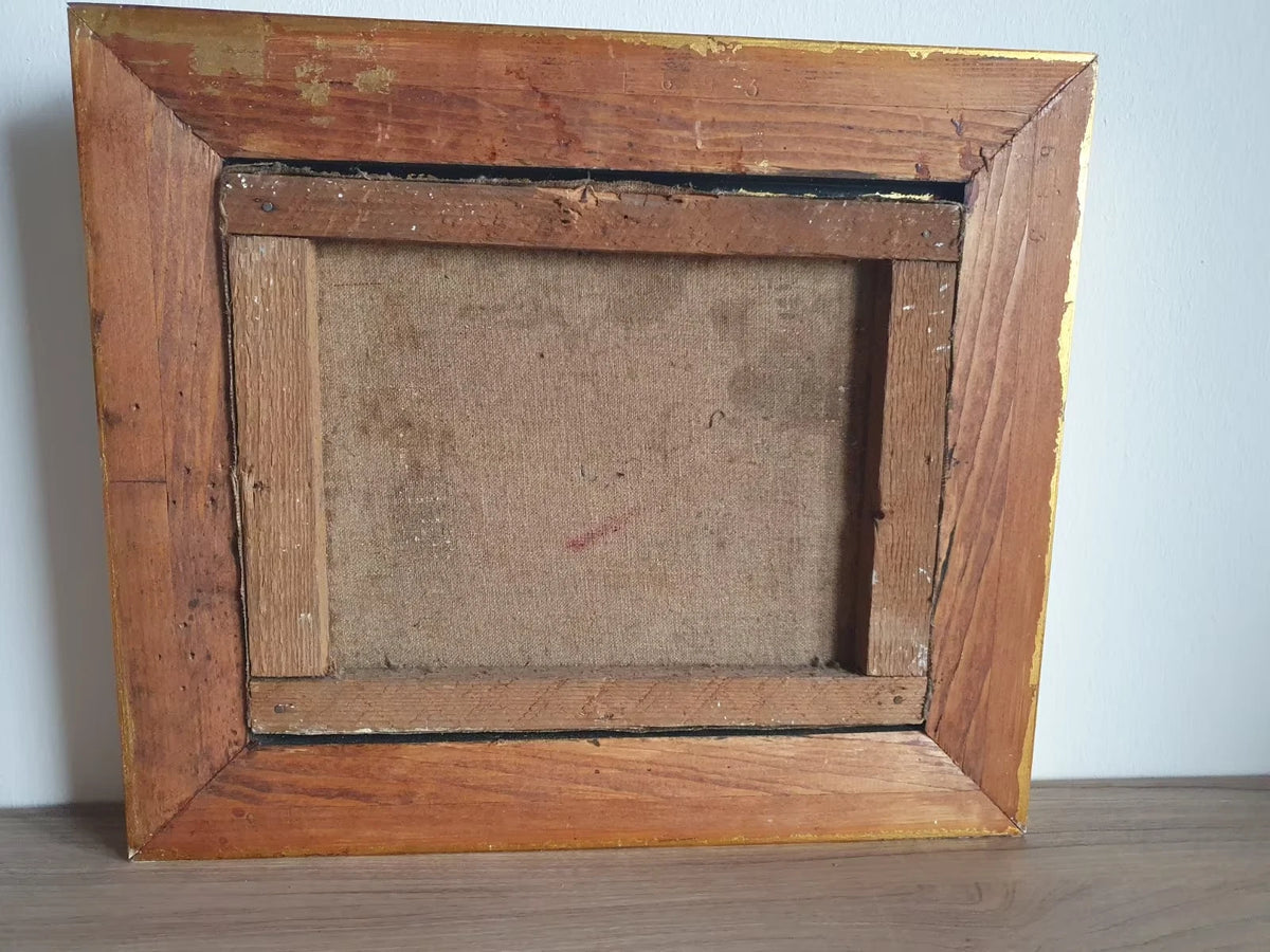 Rückseite des Landschaftsgemäldes mit Leinwand und Holzrahmen