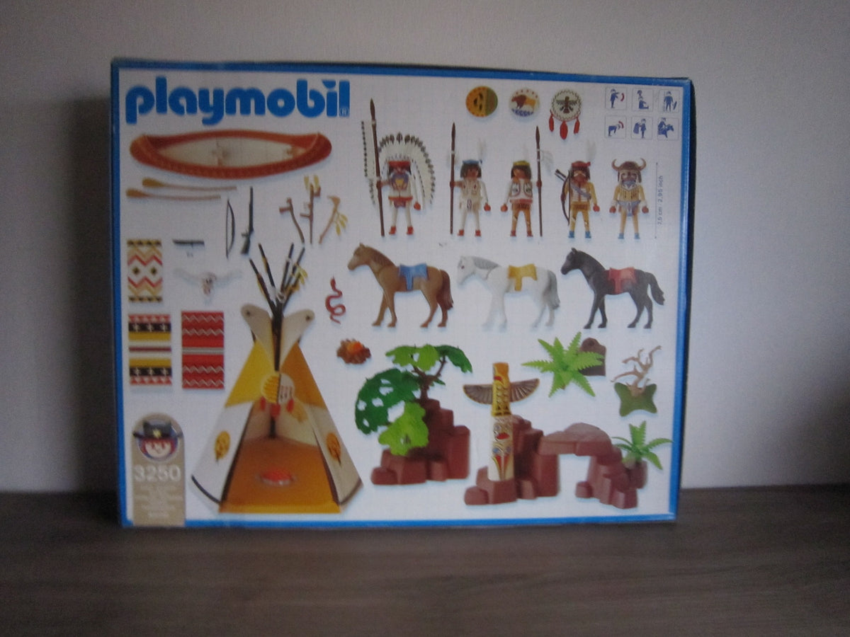 PLAYMOBIL 3250 Indianerdorf mit Tipi, Kanu und drei Pferden – Rückseite der Originalverpackung