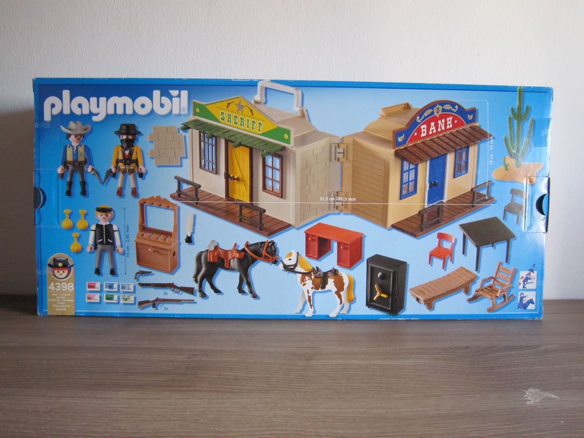PLAYMOBIL 4398 Mitnehm-WesternCity – Originalverpackung Rückseite mit Inhaltsabbildung