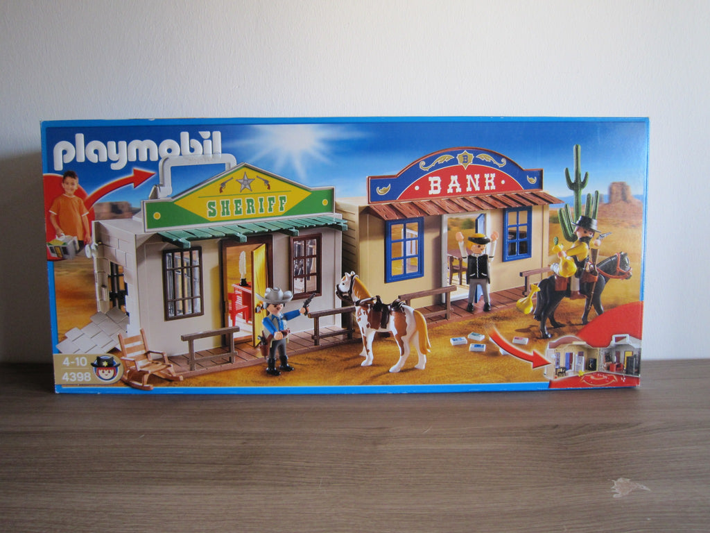 PLAYMOBIL 4398 Mitnehm-WesternCity mit Bank und Sheriffbüro – Originalverpackung Vorderseite