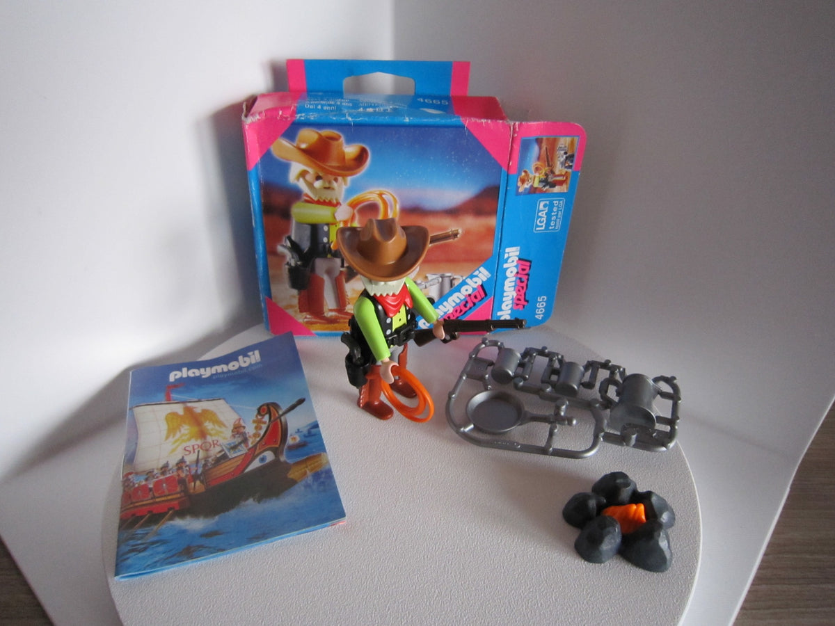 PLAYMOBIL Special 4665 Cowboy mit Lagerfeuer, Lasso, Gewehr, Zubehör am Gussrahmen und geöffnetem Originalkarton
