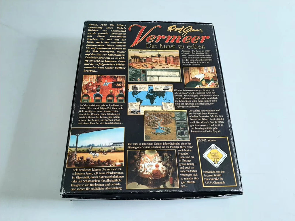 Vermeer – Die Kunst zu erben, Ascaron – Rückseite der Box mit Spielbeschreibung und ©1997