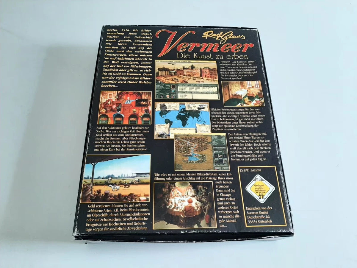 Vermeer – Die Kunst zu erben, Ascaron – Rückseite der Box mit Spielbeschreibung und ©1997