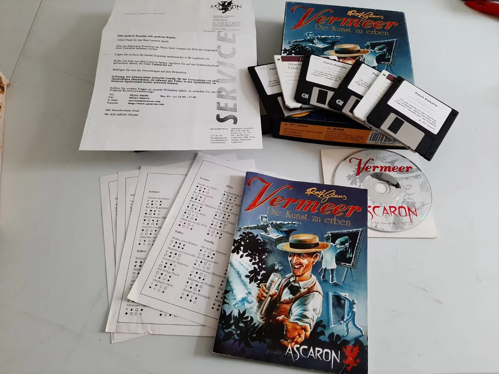 Vermeer – Die Kunst zu erben, Ascaron – Spiel-CD, Disketten, Handbuch, Serviceblatt und Codeblätter