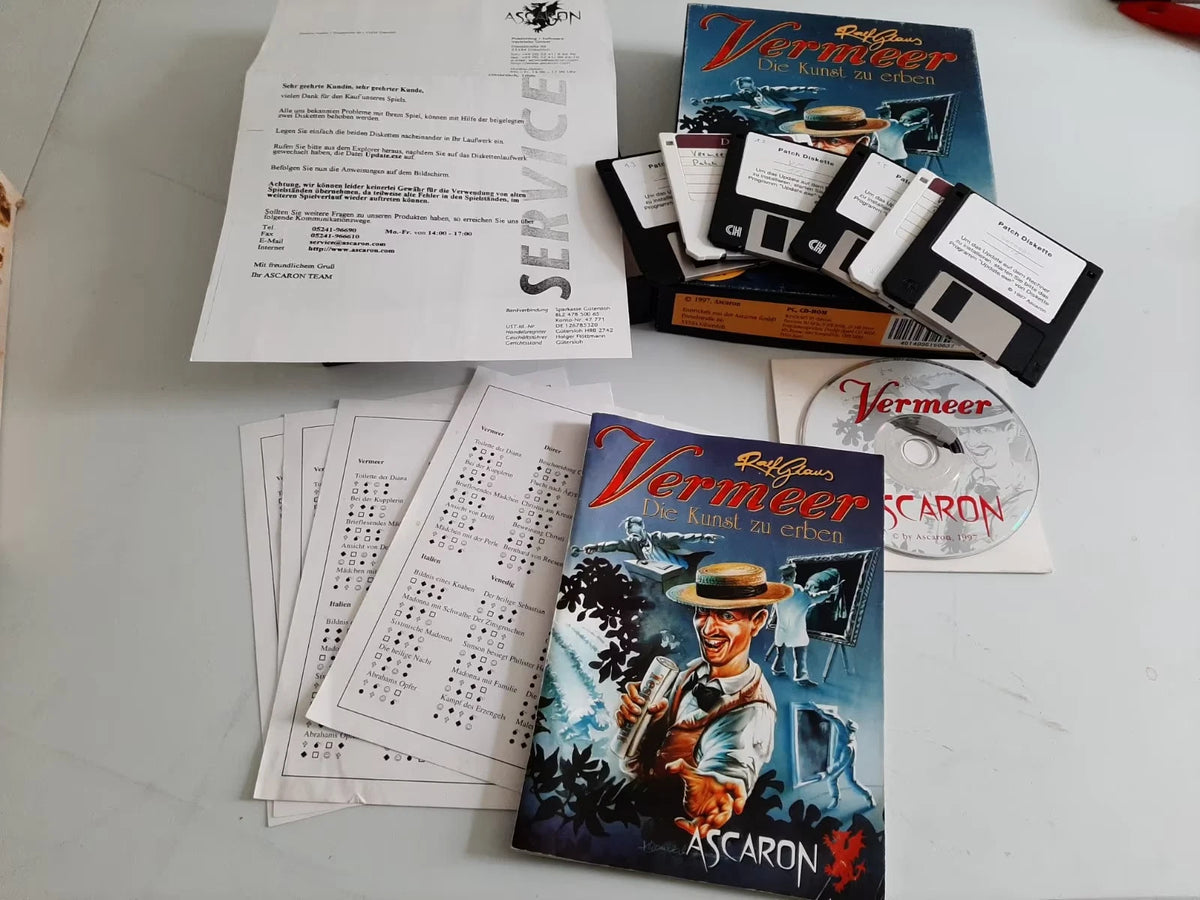 Vermeer – Die Kunst zu erben, Ascaron – Spiel-CD, Disketten, Handbuch, Serviceblatt und Codeblätter
